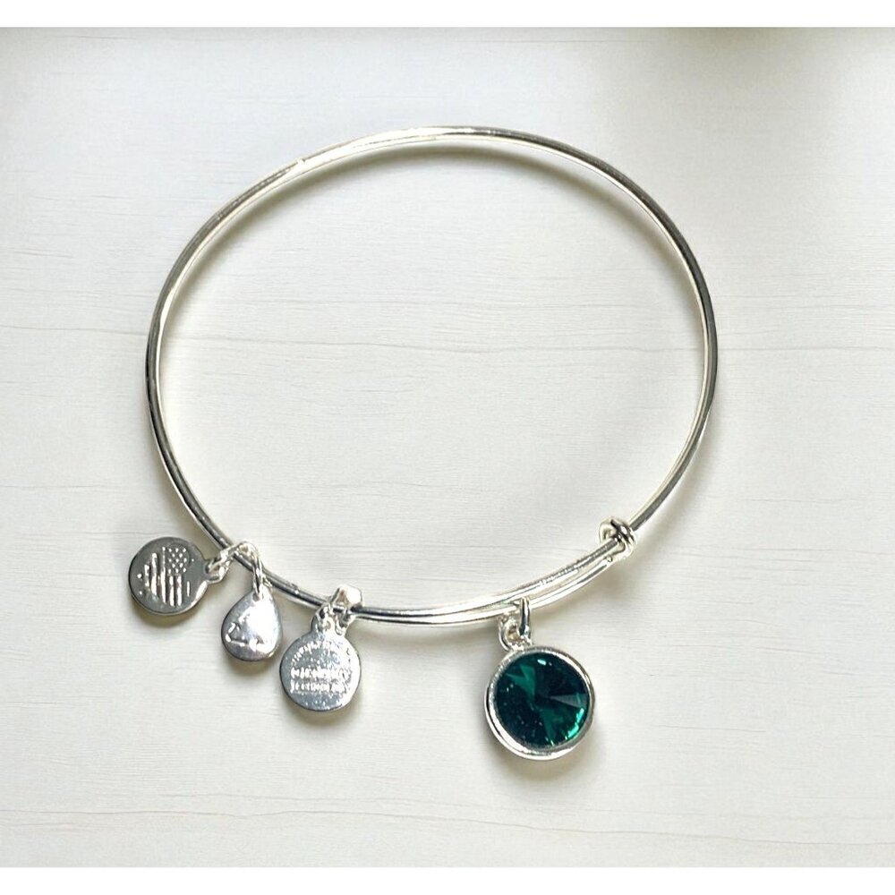 Alex & Ani May Birthstone Charm Bangle Green Emerald Silver Finish Expandable